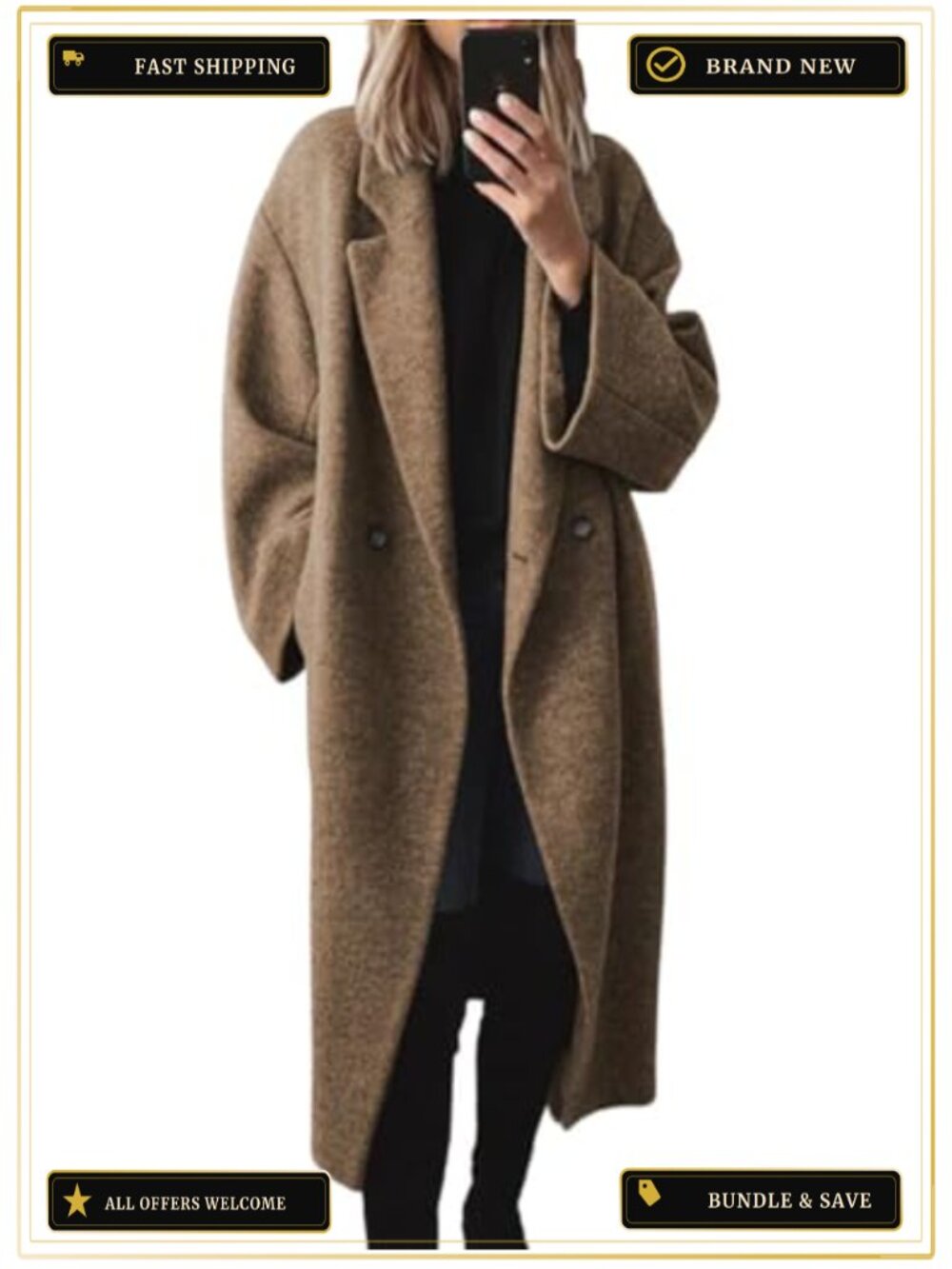 Womens Winter Double Breasted Wool Blend Coat Notch Lapel Trench